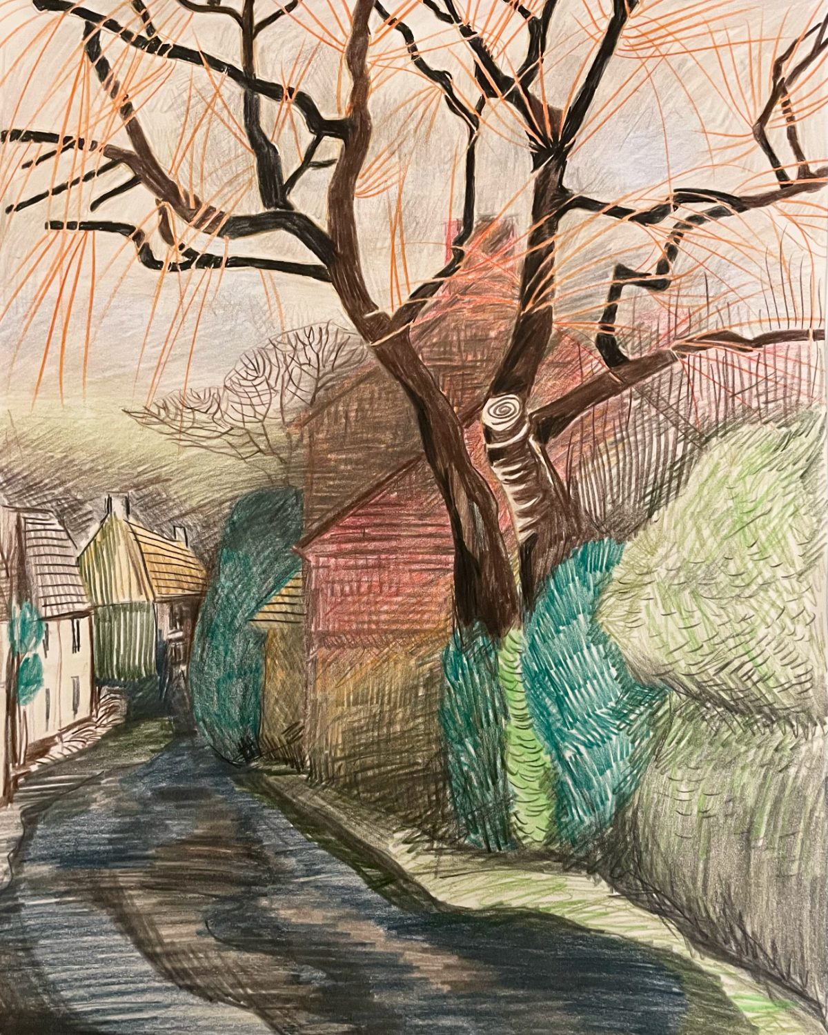 Village lane in winter — coloured pencil
